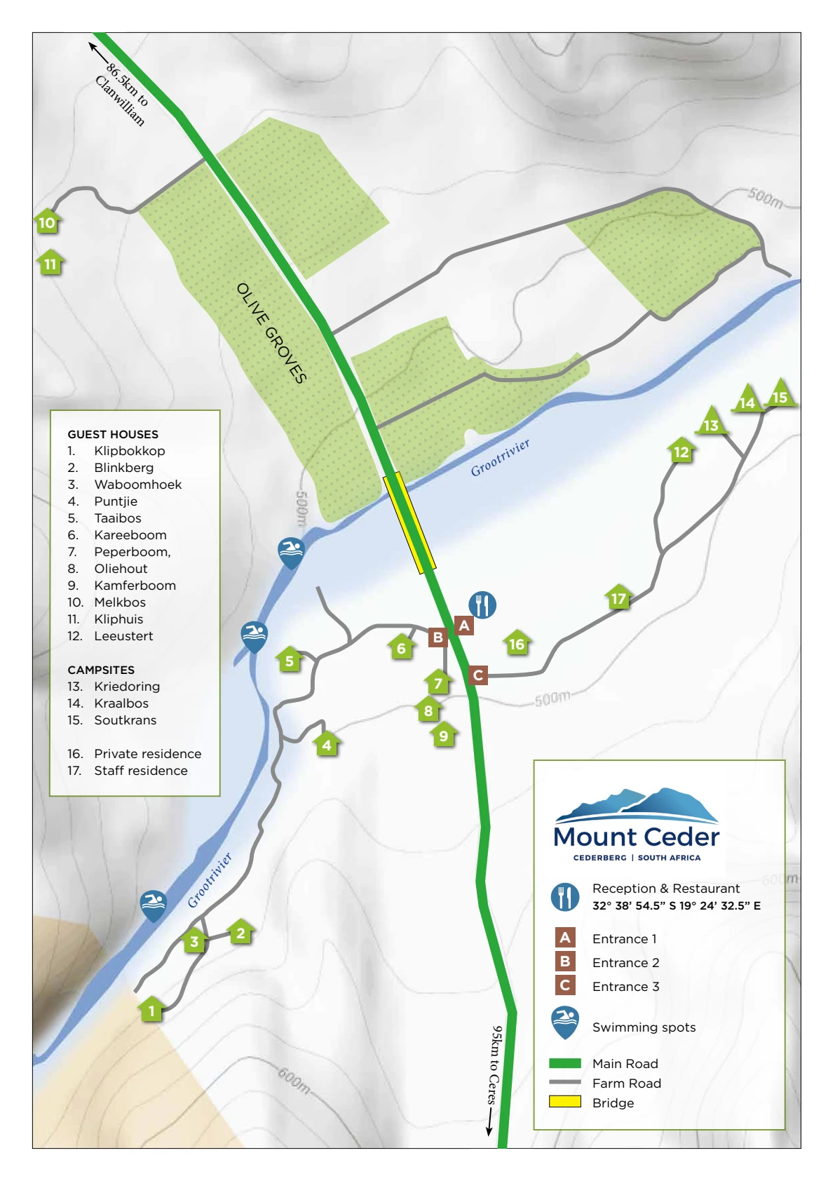 2023 property map of Mount Ceder showing the river, villas and reception